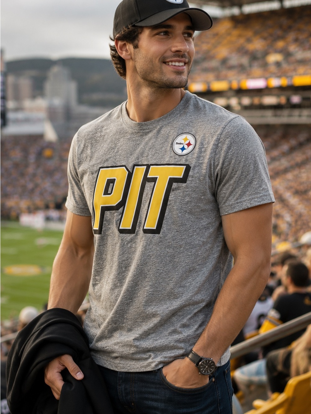 NFL Pittsburgh Steelers Mens T Shirt Gray PIT Logo Football Tee
